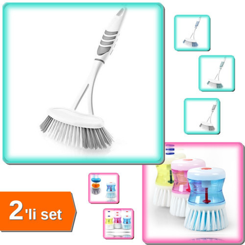 Softon Lavabo ve Küvet Temizlik Fırçası + Deterjan Hazneli Bulaşık Fırçası - 2li Set A7A7D0
