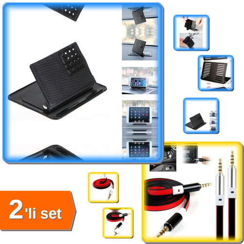360 Oynar Kaydırmaz Telefon Tablet Navigasyon Tutucu Stand + Aux Kablosu 100 cm - 2li Set V5E3V3