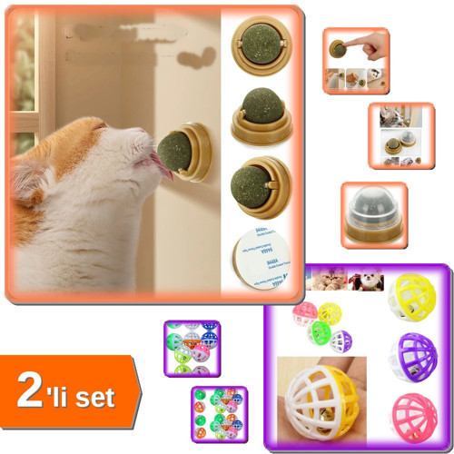 Duvara Yapışan Dönen Kedi Nanesi Cat + 10 Adet Çıngıraklı Evcil Hayvan Oyun Topu - 2Li Set E2S4L2