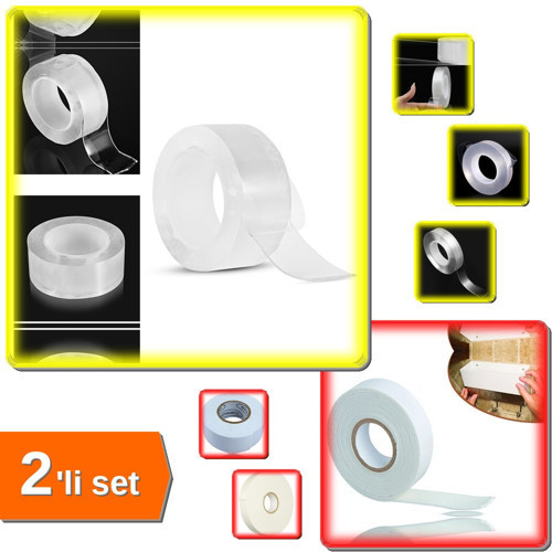 3CM x 2M Şeffaf Nano Silikon Jel Bant + 19MM x 5M Çift Taraflı Köpük Yapıştırıcı Bant - 2li Set PAN8