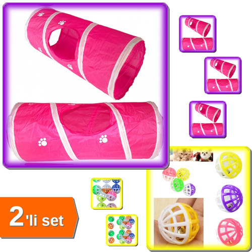 Kedi Oyun Tüneli 25X55 Cm + 10 Adet Renkli Çıngıraklı Top - 2Li Set L7Q0D9