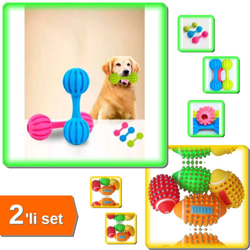1 Adet Renkli Kedi Köpek İsırma Topu Sesli + 1 Adet Çıngıraklı Evcil Hayvan Oyuncağı - 2Li Set L8M2D