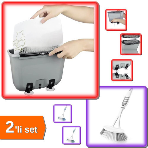 Su Tasarrufu Sağlayan Vantuzlu Bulaşık Yıkama Fırçası + Lavabo ve Küvet Temizleme Fırçası - 2li Set