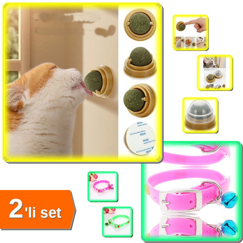 Çıngıraklı Silikon Kedi Tasması + Duvara Yapışan Dönen Kedi Nanesi Cat Oyun Topu - 2li Set C2UG9L