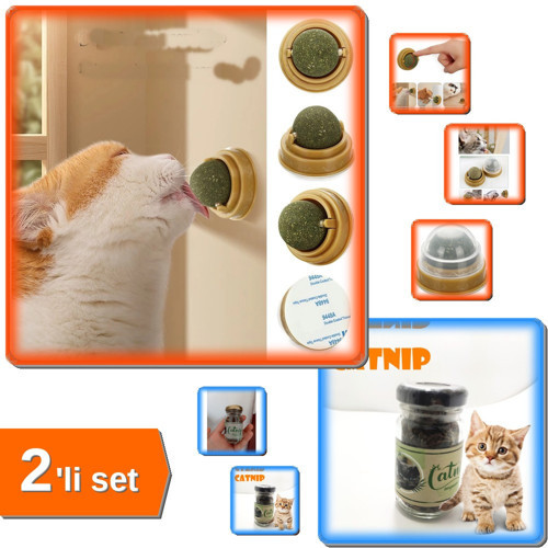 Duvara Yapışan Dönen Kedi Nanesi Cat Oyun Topu + Catnip Doğal Kedi Otu - 2li Set W6A2U7