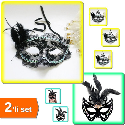 İnci İşlemeli Taşlı Dantelli Maske + Siyah Süet Tüylü Kelebek Figür Maske - 2li Parti Seti R4H3Y6