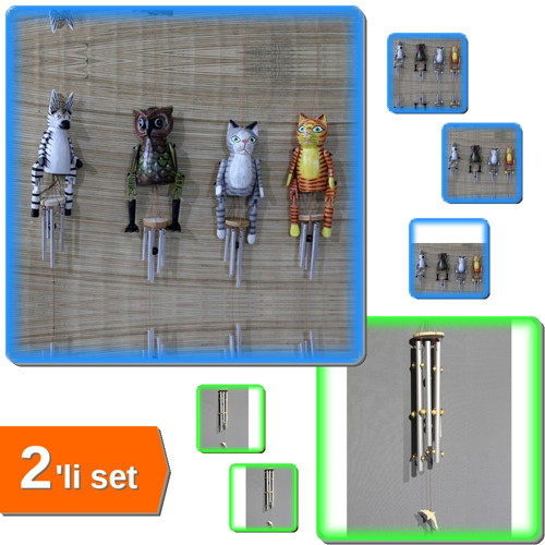 Ahşap Hayvan Figürlü Rüzgar Çanı Model 2 + Boncuklu Metal Rüzgar Çanı Model 1 - 2Li Set V4U2T9