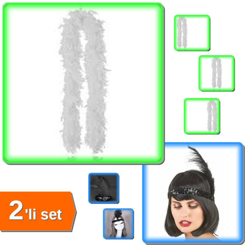 2 Metre Beyaz Otriş Boa Tüy + Siyah Yılbaşı Saç Tüyü Saç Bandı - 2li Set J1T5W2