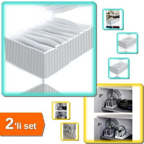 8 Bölmeli XL Pratik Çekmece Düzenleyici Organizeri + 6 Bölmeli Tencere Kapak Rafı - 2li Set B0H4K1