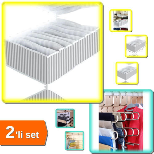 Çekmece Düzenleyici 8 Bölmeli XL Pratik Organizer + 5 Katlı Pantolon Askısı - 2li Set J9K3Q1