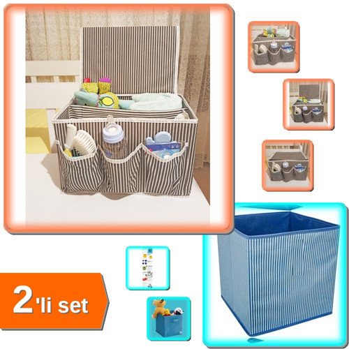 Bebek Beşik Başucu Düzenleyici Organizer + Mavi Çizgili Dolap İçi Kutu 2Li Set - Düzenli Alanlar Tm9