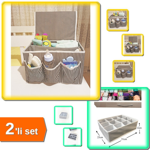 5 Bölmeli Bebek Beşik Başucu Düzenleyici + 12 Bölmeli Çekmece Düzenleyici Organizer - 2li Set N7Q0C1