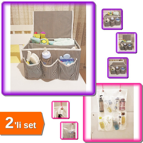 5 Bölmeli Bebek Beşik Başucu Düzenleyici Kapaklı + 8 Cepli Askılı File Organizer - 2li Set G2J2J4