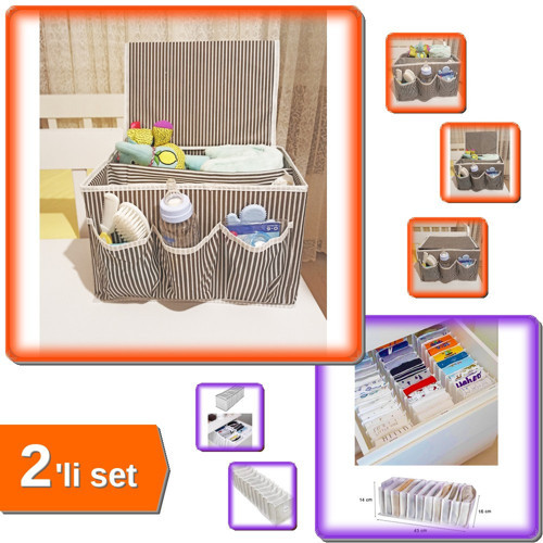 Pratik 5 Bölmeli Bebek Beşik Düzenleyici + 11 Gözlü Akordiyon Çekmece Organizer - 2li Set X2E5E9