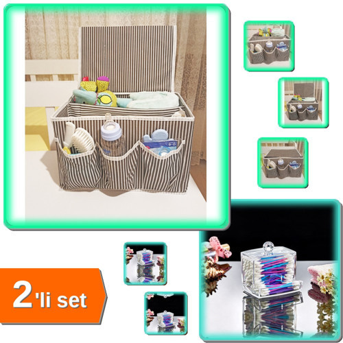 5 Bölmeli Bebek Beşik Başucu Düzenleyici Kapaklı Organizeri + Kulak Çubuğu Kutusu - 2li Set X6D8E3