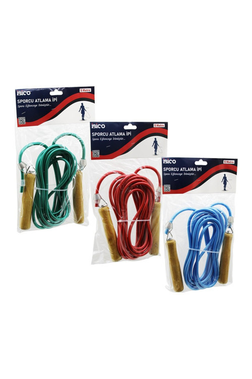 AHŞAP SAPLI PVC ATLAMA İPİ RENKLİ 5MT (4915)