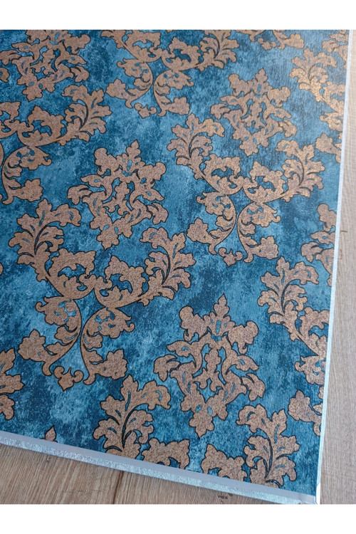 Black Serisi Koyu Mavi Kahverengi Damask Silinebilir Duvar Kağıdı 16 M²