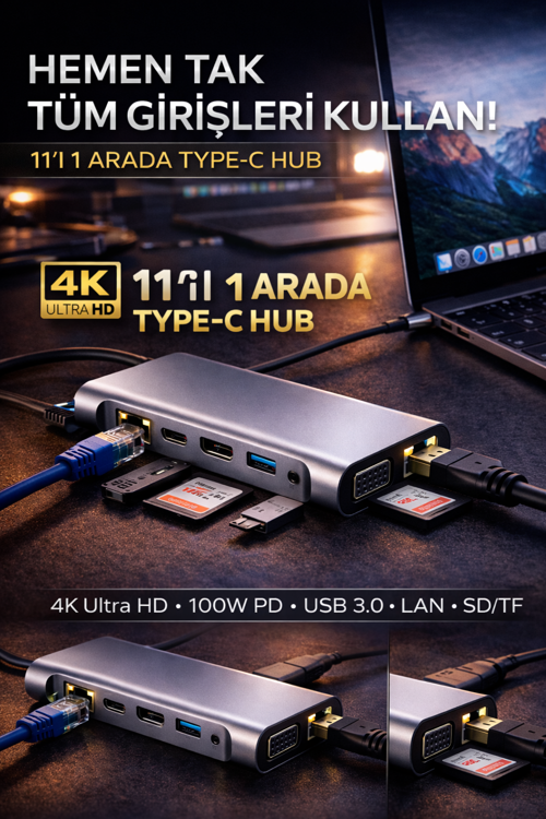 11İn1 Type-C Hub Usb 3.0 Hdmi 4K Vga Lan Sd/Tf 100W Pd Çoklayıcı Adaptör Dönüştürücü