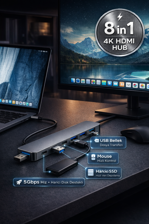 8 in 1 Type-C USB Hub HDMI 4K PD Şarj SD Kart Okuyucu MacBook Notebook Uyumlu Adaptör