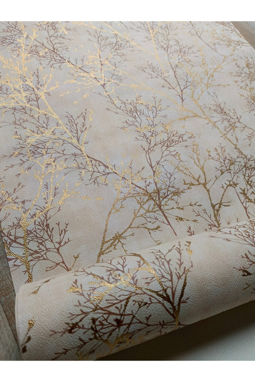 Krem Üzerine Gold Gül Kurusu Dallı Silinebilir Duvar Kağıdı 5 M²