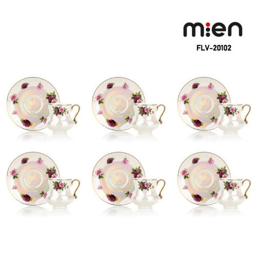 MİEN 6 Kişilik Retro Flower Sedefli Fincan Takımı – Işıltılı Vintage Şıklık