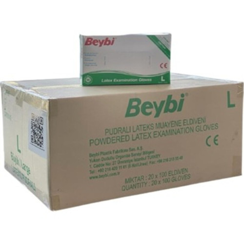 1 Koli (20 Paket) L (Large) Beden Pudralı Lateks Beyaz Muayene Eldiveni