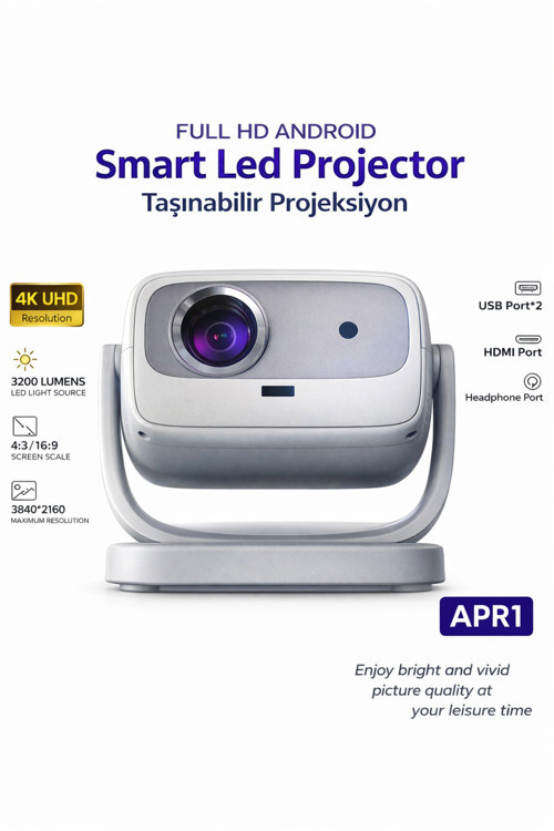 Projeksiyon Cihazı Taşınılabilir Wifi 2.4+5G-6.0 4K Uhd 150 İnç Dahili Hoparlör 180 Derece Smart Led