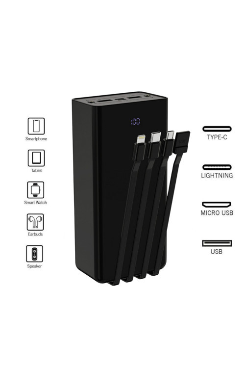 30.000 Mah Plus Dijital Göstergeli Dahili Çoklu Kablolu Powerbank,Siyah,Taşınabilir Şarj Cihazı Blic