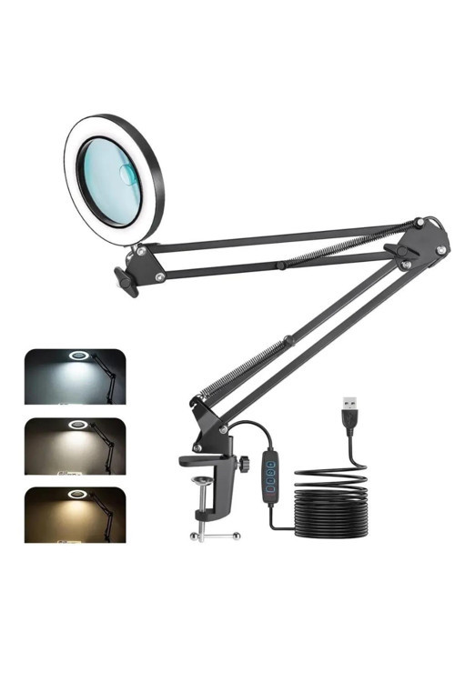 Lobo Büyüteçli Işıklı Masa Tutuculu Ring Light Led Işık, 3 Renk Modlu Çalışma Işığı Tripod