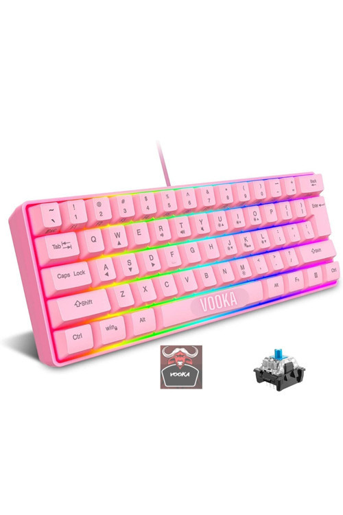 Trol Blue Switch Mini Rgb Oyun Klavyesi Gaming 62 Tuşlu 18 Rgb Led Usb Tip-C Kablosu Pembe Uyumlu