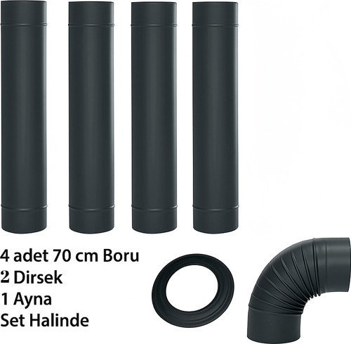 Siyah Mat Soba Borusu -Dirsek Mat Siyah Soba Borusu Mat Dirsek 4 Adet Boru 2 Dirsek