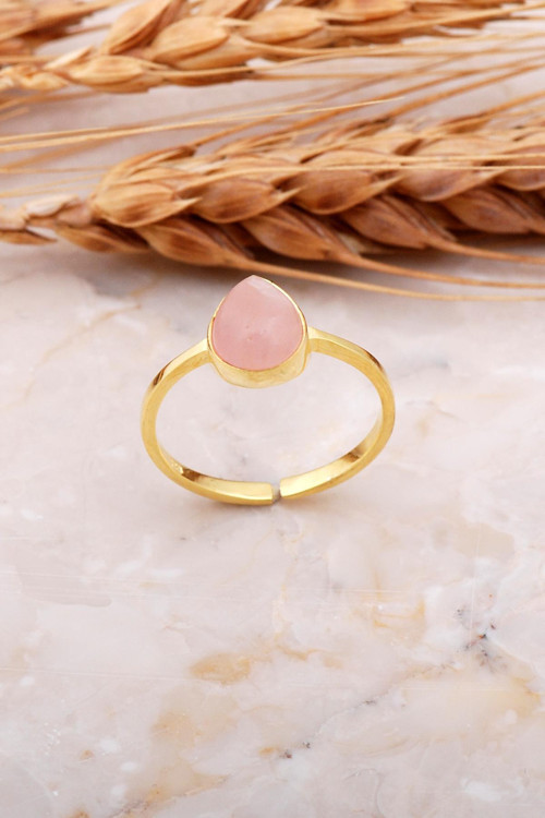 Pembe Kuvars Taşlı Damla Altın Yaldızlı Gümüş Yüzük 3659