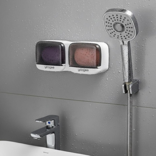 ® Duvara Monte İkili Kapaklı Plastik Katı Sabunluk Organizer – Banyo & Mutfak İçin Yapışkanlı