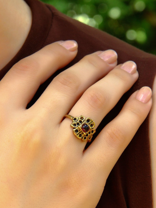 Doğal Taş Lal (Granat Garnet) Minimal Doğal Taşlı Antik Ayarlanabilir Kadın Yüzük euy37l