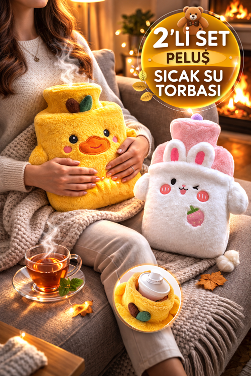 2’li Peluş Sıcak Su Torbası Seti Civciv & Tavşan Yumuşak Kılıflı Termofor