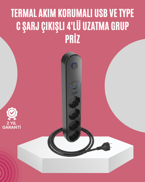 tekno Led Anahtarlı Akım Korumalı Çoklu Priz 4 Priz 3 USB Girişli 2026