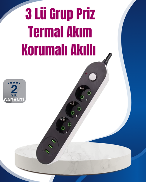 tekno 3 USB Çıkışlı Hızlı Şarjlı Anahtarlı Üçlü Priz 2026