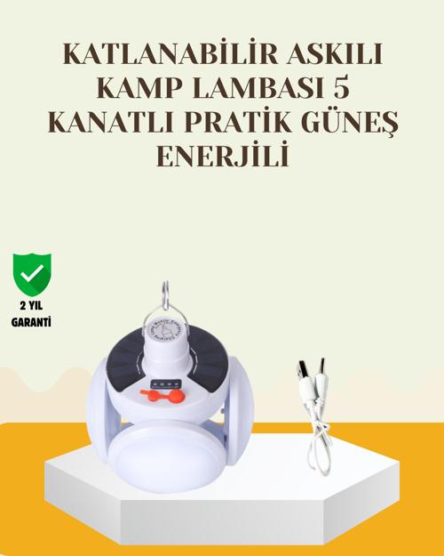 tekno Güneş Paneliyle Şarj Olan Katlanabilir LED Çadır Lambası – 5 Kademeli Aydınlatma 2026