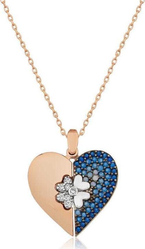 925 Ayar Gümüş Rose Kalpli Yonca Kolye