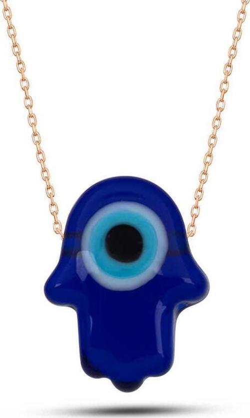 925 Ayar Gümüş Rose Mavi Nazarlı Cam Fatma Ana Eli Kadın Kolye