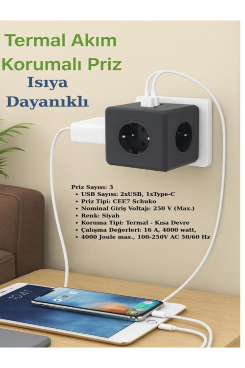 Termal Akım Korumalı 3’Lü Duvar Prizi – 1 Usb + 1 Type-C Çıkışlı, Isıya Dayanıklı