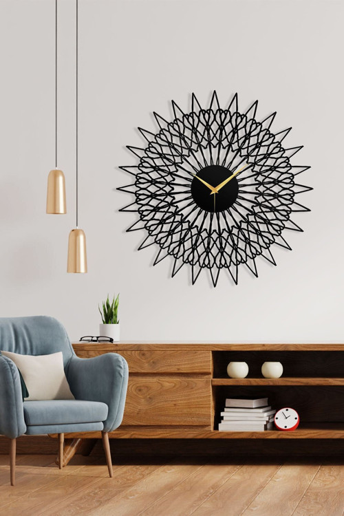 Dekoratif Güneş Motifli Siyah Metal Duvar Saati – Ev & Ofis Dekoru