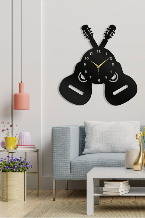 Gitar Figürlü Siyah Metal Duvar Saati – Müzik Severler İçin Modern Tasarım