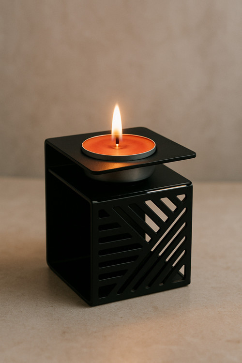 Tekli Metal Mumluk – Geometrik Desenli Siyah Modern Dekoratif Mumluk