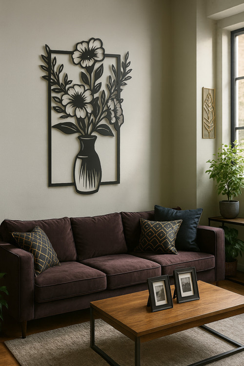 Metal Duvar Tablosu Çiçekli Vazo Desenli | Modern Salon Duvar Dekoru