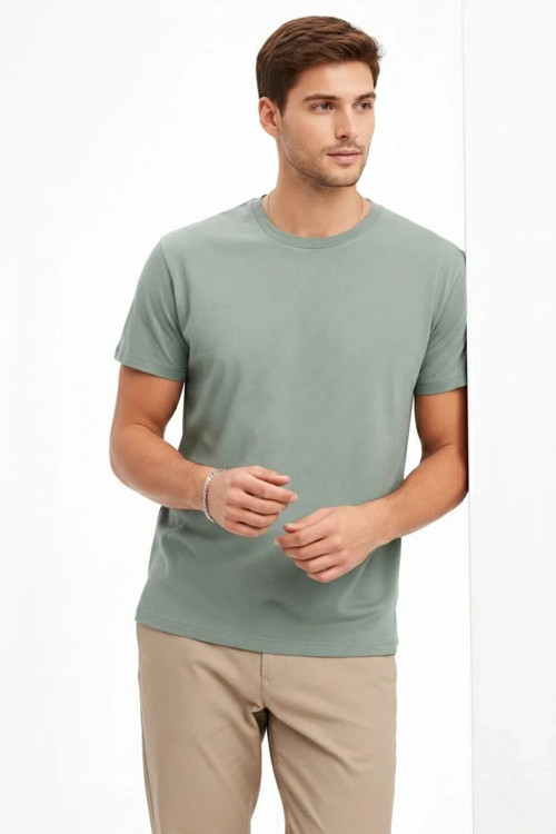 Erkek Bisiklet Yaka Tişört Regular Kalıp Basic Pamuklu Günlük Kullanım T-shirt - Mint Yeşili