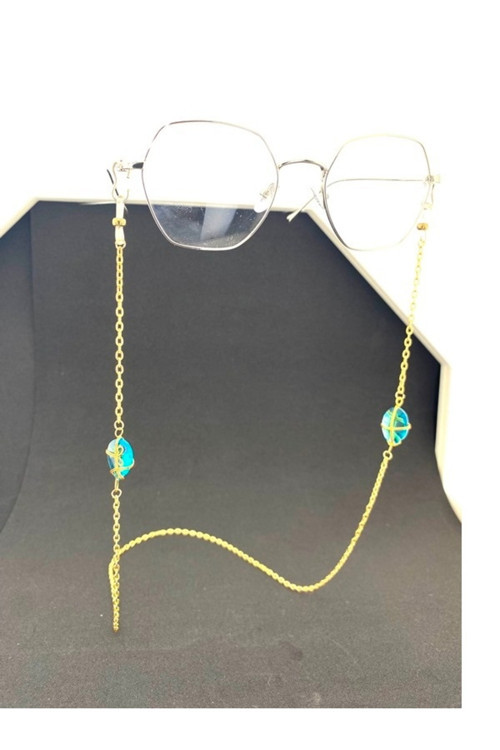 İtalyan Zincirli Tek Büyük Taşlı Gözlük İpi / Zinciri Turkuaz