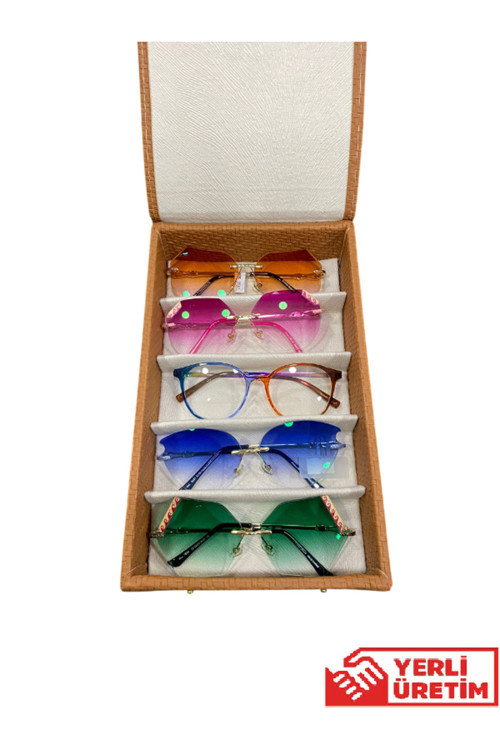 Hasır Desenli İçi Tay Tüğü Kaplama Çıtçıtlı 5 Gözlü Gözlük Saklama Kutusu