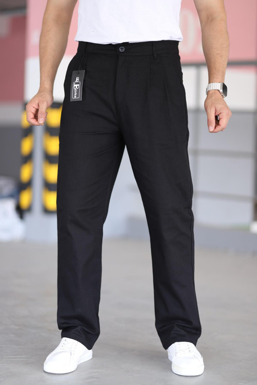Çift Pileli Siyah Renk Beli Yarım Lastikli Kaliteli Rahat Kesim Keten Baggy Pantolon