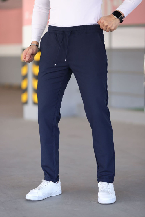 Erkek Lacivert Beli Lastikli Bağcıklı Esnek Fitted Jogger Pantolon Kumaş Pantolon